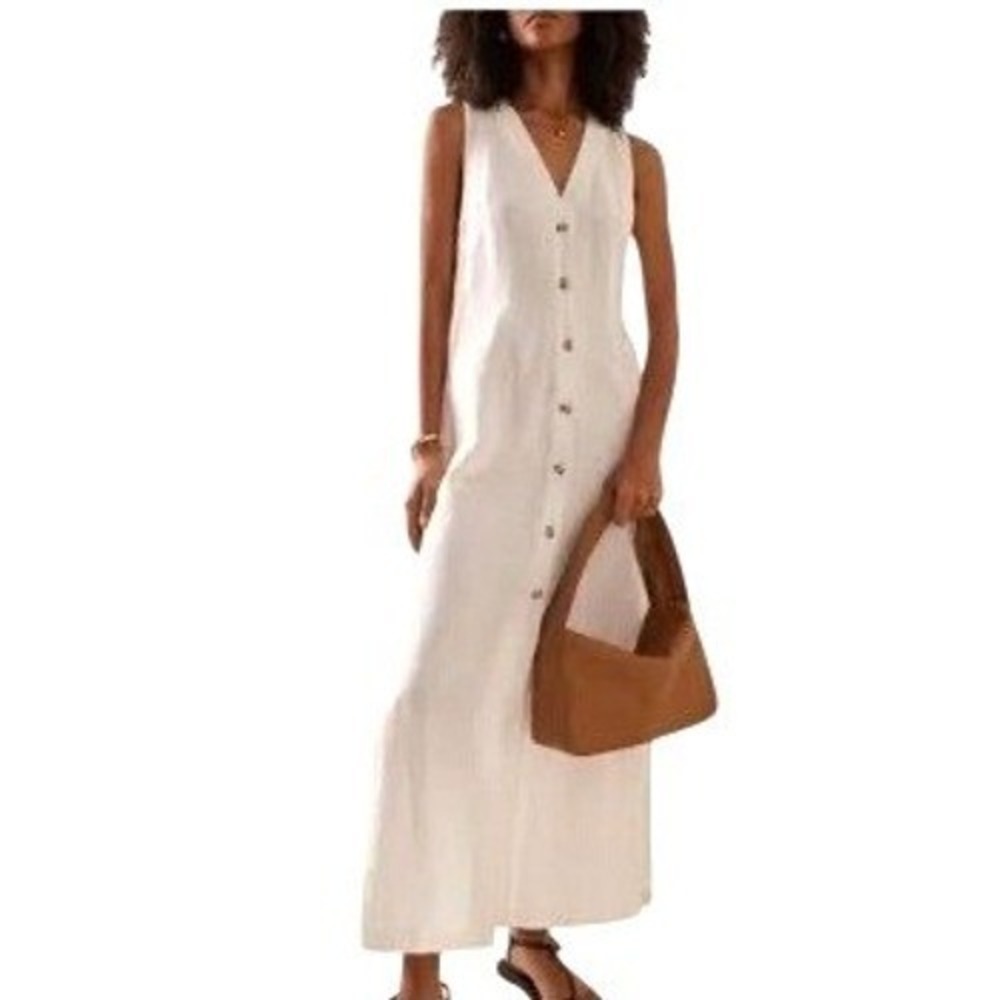J. McLaughlin Linen Midi Dress Womens 14 White Preppy Classic Coastal Minimalist